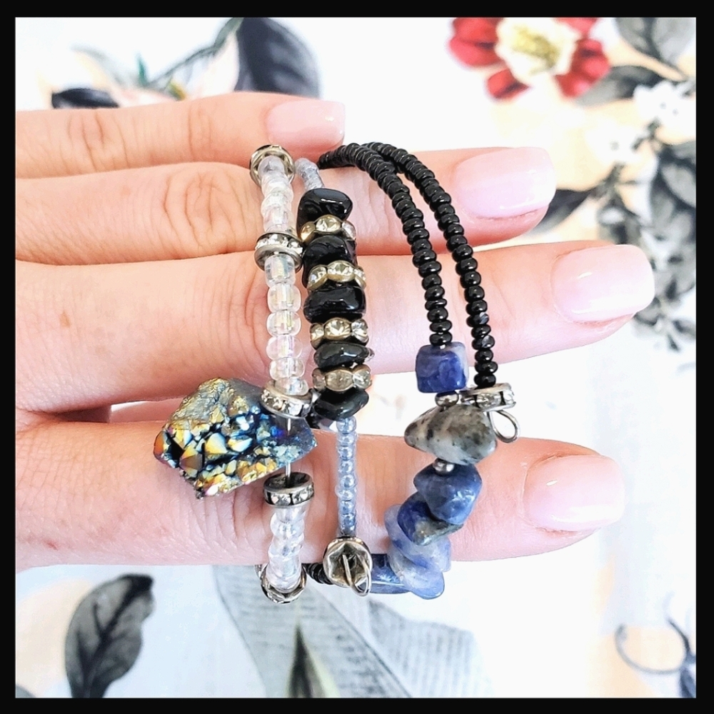 Sodalite Druzy Hematite Bangles -3pack- Blue Black